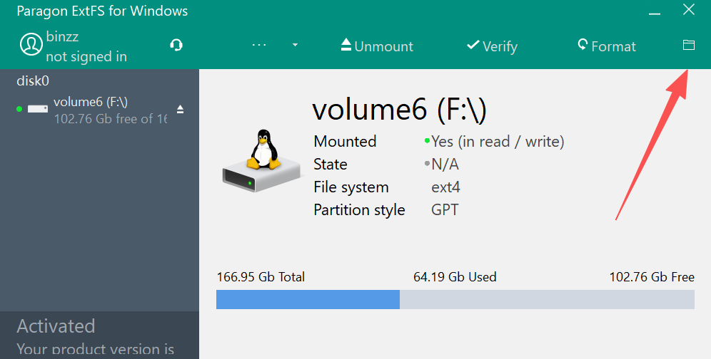 Paragon Extfs for Windows 界面